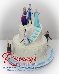 Delicious 2-tier white cake with a Frozen theme. Perfect for birthdays or celebrations! Order yours from Rosemary's Cakes: 0925-545-7510.