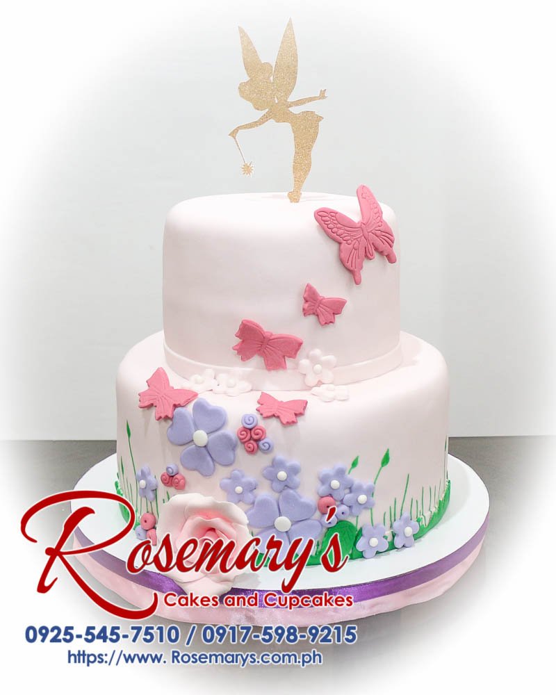 Delicious 2 layer garden themed cake adorned with butterflies and fairies, in pink hues. From Rosemary's Cakes, call 0925-545-7510.