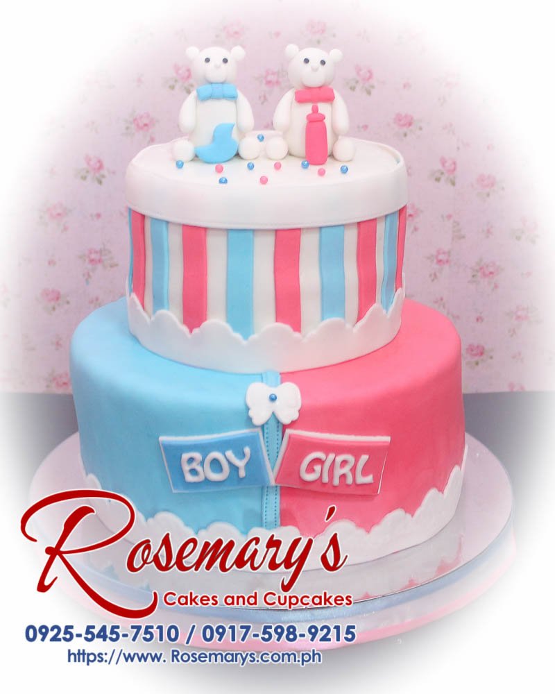 Delicious 2 layer gender reveal cake featuring blue and pink accents, topped with a cute bear. Order from Rosemary's Cakes - 0917-598-9215.