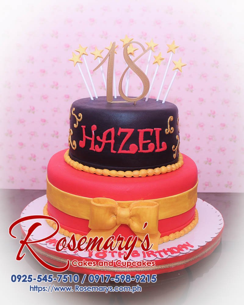 2 Layer Gold Red and Black Cake for Hazel Elegant 2-layer gold, red, and black themed cake with a 3D printed topper and ribbon. Order from Rosemary's Cakes at 0917-598-9215.