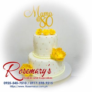 Elegant 2 layer gold and white cake with custom 3D printed topper by Rosemary's Cakes, contact 0917-598-9215.