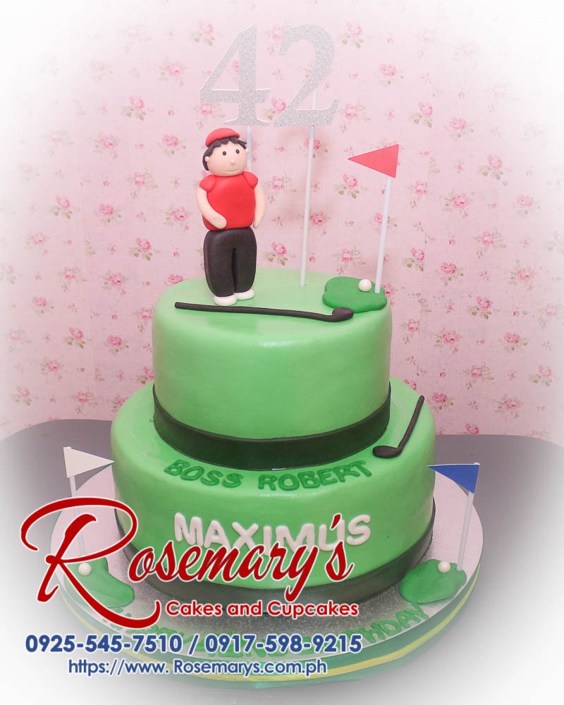 Delicious 2 layer golf-themed cake by Rosemary's Cakes, featuring vibrant green frosting and intricate golf decor. Contact: 0917-598-9215.