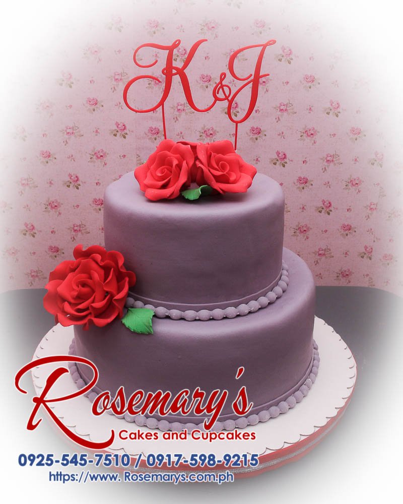 Stunning 2 layer gray and red wedding cake featuring a detailed 3D printed topper. Perfect for your special day! Rosemary's Cakes, 0925-545-7510.