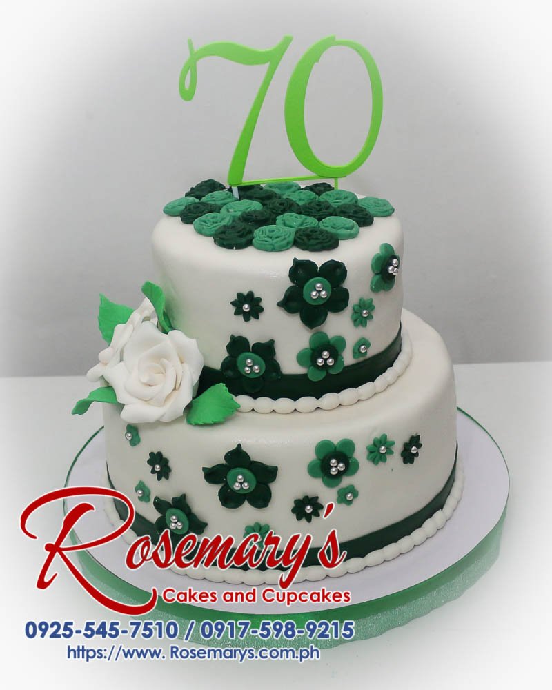 Two-tier green and white birthday cake with a unique 3D printed topper. Order your custom cake from Rosemary's Cakes! Call 0925-545-7510.