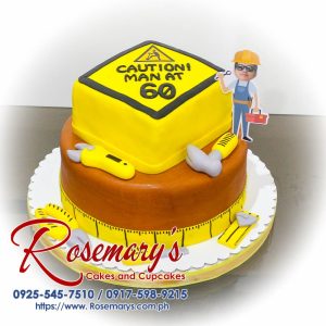 Delicious 2-layer handyman themed cake by Rosemary's Cakes, featuring brown and yellow construction details. Contact: 0925-545-7510.