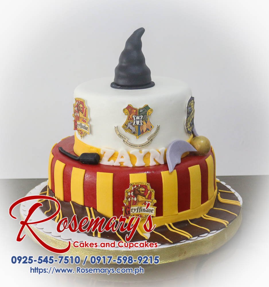 Two-tier black and gold Harry Potter themed cake with Gryffindor accents. Order your custom cakes from Rosemary's Cakes: 0917-598-9215.