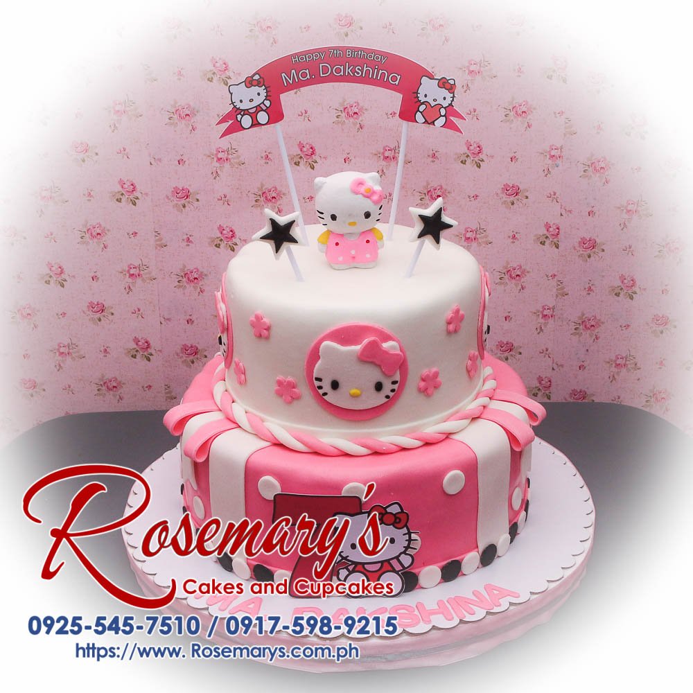 Delightful 2-layer Hello Kitty cake in pink with adorable decorations. Order from Rosemary's Cakes at 0925-545-7510.