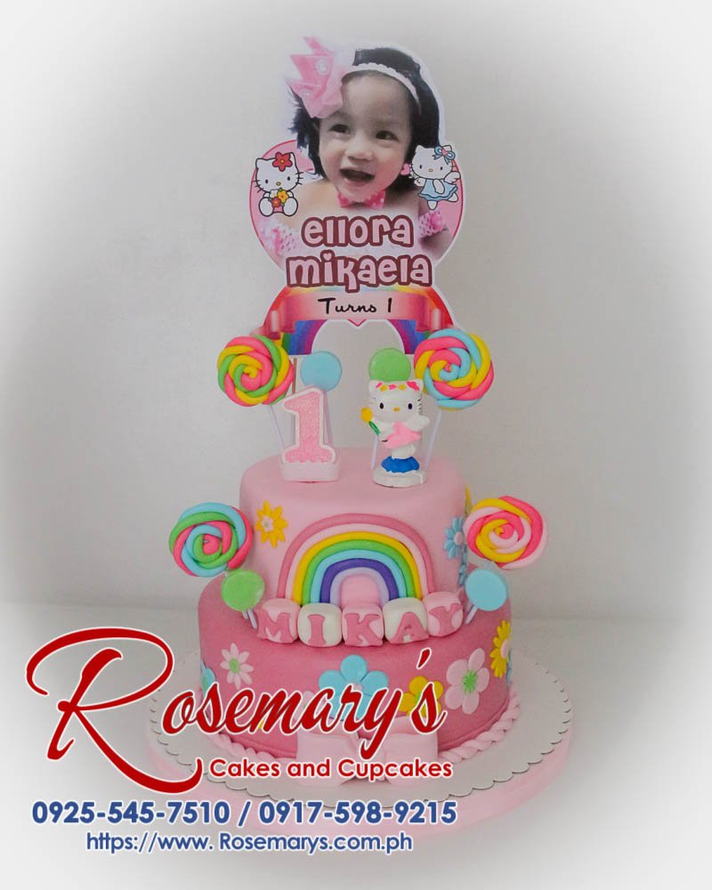 Delicious two-layer Hello Kitty cake with pink frosting and adorable details. Order your custom cake from Rosemary's Cakes: 0917-598-9215.