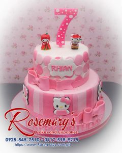 Delicious 2 layer Hello Kitty cake with pink icing and themed decorations by Rosemary's Cakes. Contact: 0925-545-7510.