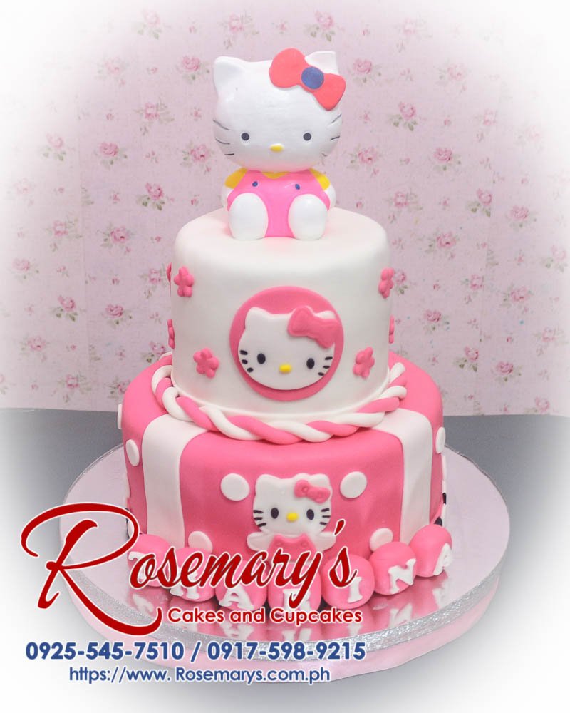 2 Layer Hello Kitty Cake for Zharina Delicious 2-layer pink Hello Kitty cake adorned with cute decorations. Order at Rosemary's Cakes, 0917-598-9215.
