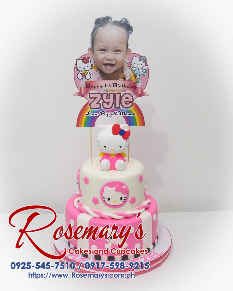 2 Layer Hello Kitty Cake for Zyle Delectable two-tier Hello Kitty cake adorned in pink frosting and edible HK details. Order your custom cake from Rosemary's Cakes: 0925-545-7510.