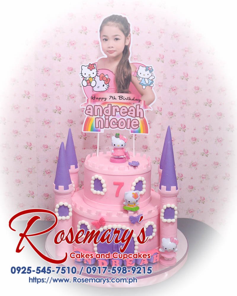 2 layer Hello Kitty castle cake in pink and violet, perfect for themed celebrations. Order from Rosemary's Cakes: 0925-545-7510.