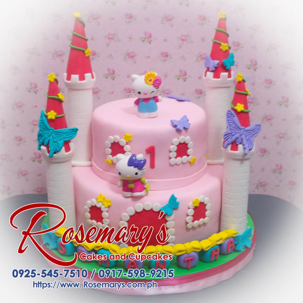 2 Layer Hello Kitty Castle Cake for Samantha Delicious 2 layer Hello Kitty castle cake, pink-themed, decorated with charming details. Order from Rosemary's Cakes: 0917-598-9215.