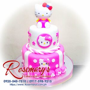 Delectable two-layer pink Hello Kitty cake with intricate detailing. Perfect for birthdays and celebrations! Order yours from Rosemary's Cakes: 0925-545-7510.