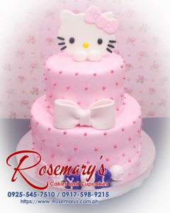 Delicious 2-layer Hello Kitty cake with pink frosting and intricate designs. Crafted by Rosemary's Cakes. Contact: 0917-598-9215.
