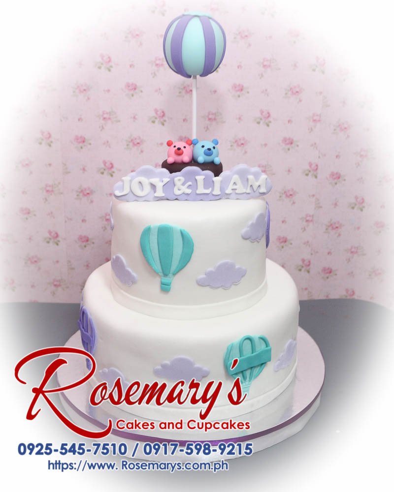 Delicious 2 layer hot air balloon themed cake in blue and white from Rosemary's Cakes. Contact: 0917-598-9215.