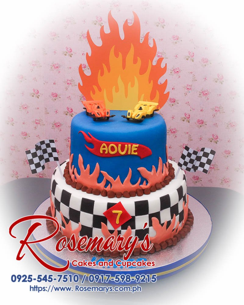 Delicious 2 layer Hot Wheels themed cake in vibrant blue, perfect for any celebration. Order from Rosemary's Cakes at 0925-545-7510.