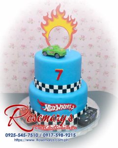 Delicious 2 layer Hot Wheels themed cake, blue with vibrant racing details. From Rosemary's Cakes, contact 0917-598-9215.
