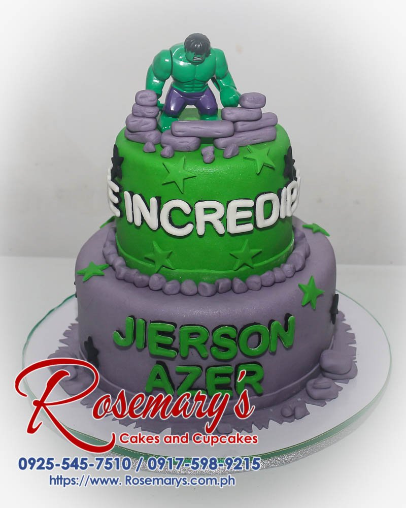 2 Layer Incredible Hulk Themed Cake for Jierson Azer Two-tier gray and green Incredible Hulk themed cake. Delicious and perfect for any superhero fan! Rosemary's Cakes 0925-545-7510