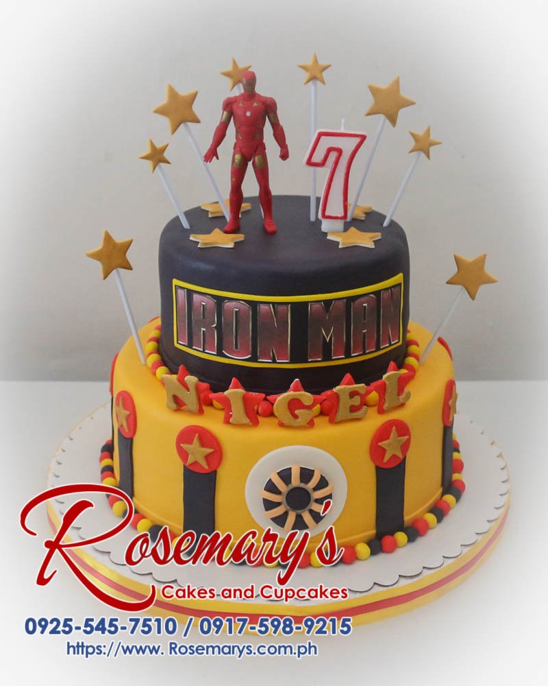 2 Layer Iron Man Cake for Nigel Two-tier yellow cake decorated as Iron Man with intricate red and gold frosting details. Order your custom themed cake from Rosemary's Cakes: 0925-545-7510.