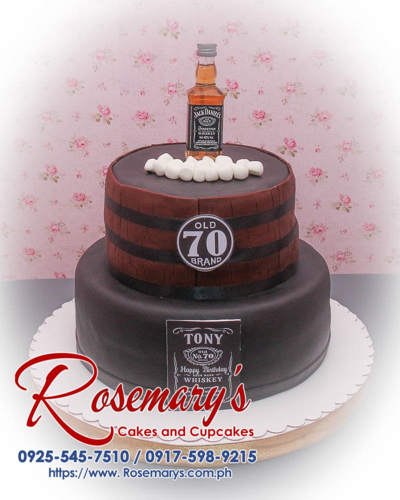 2 Layer Jack Daniels Cake for Tony’s 70th Birthday Decadent 2-layer Jack Daniels themed cake, featuring a barrel design and rich flavors, by Rosemary's Cakes. Contact: 0925-545-7510.