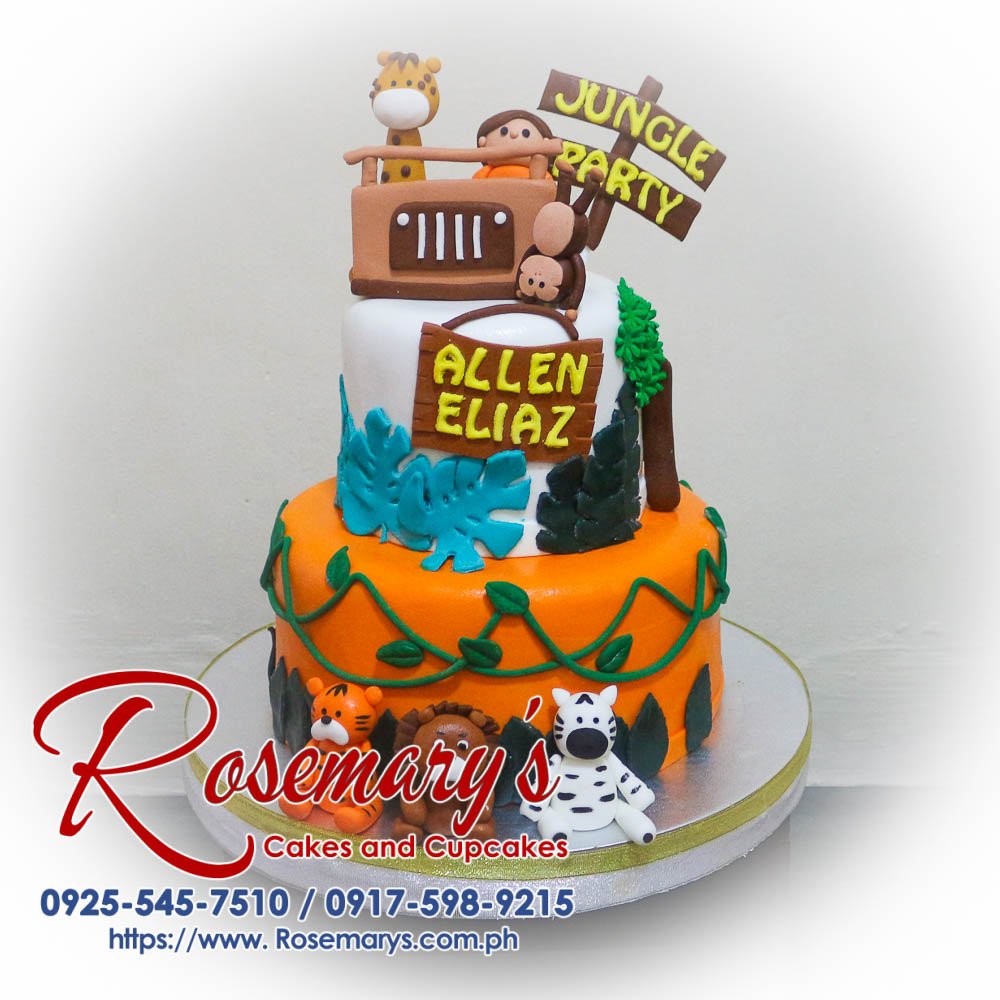 Delicious 2 layer jungle party cake with vibrant animal decorations, perfect for a safari-themed celebration. Rosemary's Cakes, 0925-545-7510.