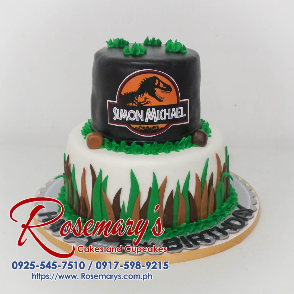 Delicious 2-tier black and white Jurassic Park themed cake. Order your custom cake from Rosemary's Cakes: 0917-598-9215.