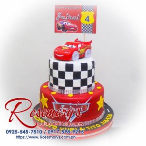 Delicious 2-layer Lightning McQueen themed cake in red, perfect for celebrations. Order from Rosemary's Cakes: 0917-598-9215.
