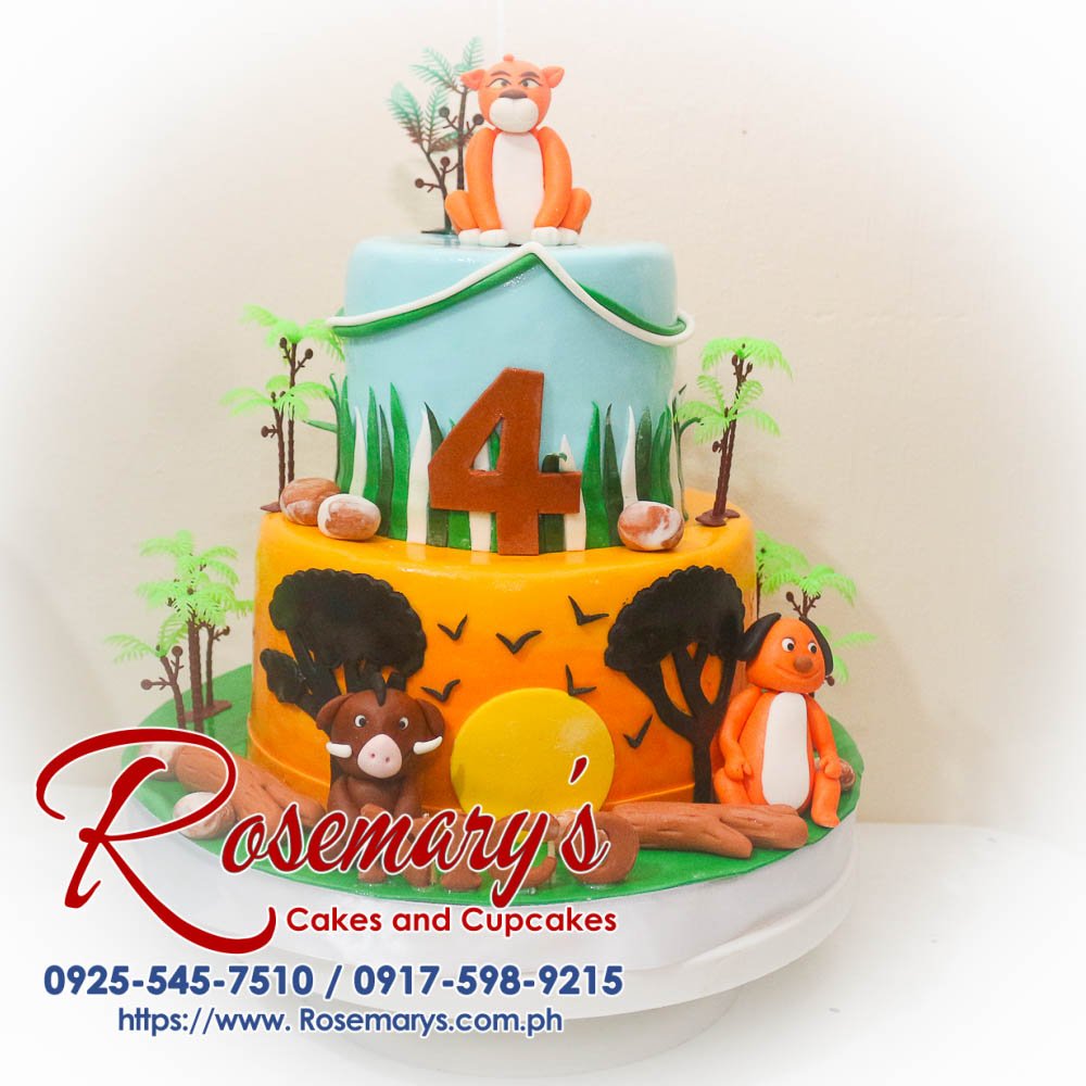 Delicious 2 layer Lion King themed cake featuring vibrant safari decorations. Order from Rosemary's Cakes at 0925-545-7510.