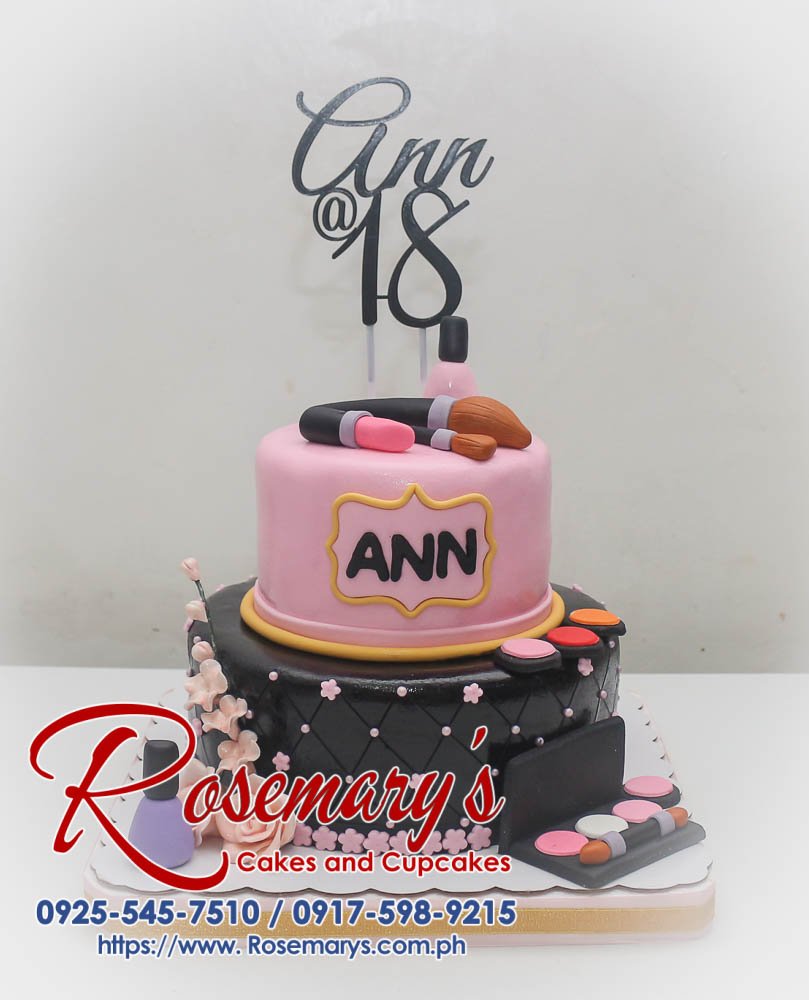 2 Layer Makeup Themed Cake for Ann’s 18th Birthday Elegant black and pink makeup-themed birthday cake with a stunning 3D printed topper. Order your custom cake from Rosemary's Cakes! Call 0917-598-9215.