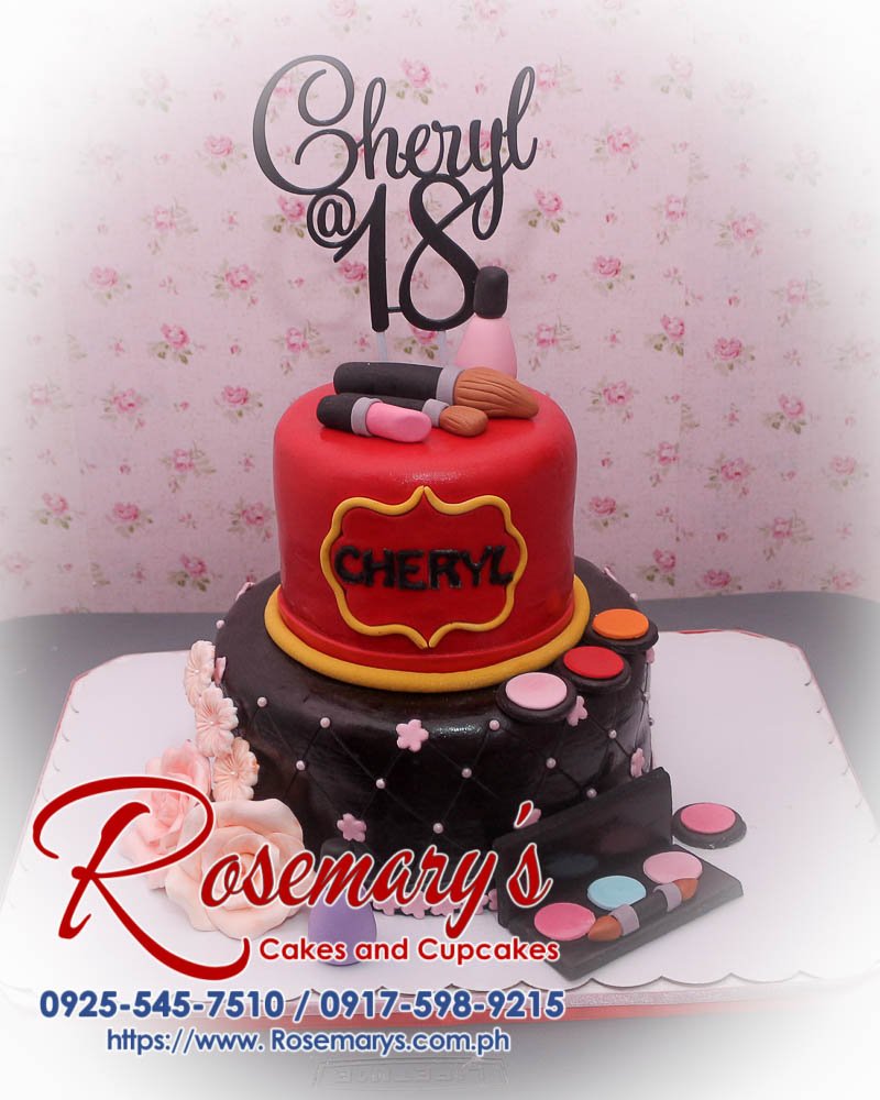 Delicious 2 layer makeup themed cake by Rosemary's Cakes, featuring a black design, red rose, and 3D printed topper. Contact: 0917-598-9215.