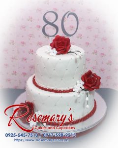 Delicious 2 layer maroon and white cake with custom 3D printed topper, perfect for any celebration. Rosemary's Cakes, 0917-598-9215.