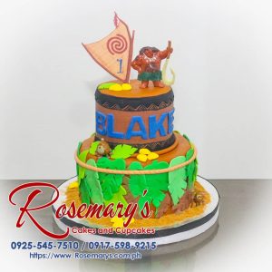 Delicious 2-layer brown cake decorated with a Maui and Moana theme. Perfect for birthdays! Order yours from Rosemary's Cakes: 0925-545-7510.