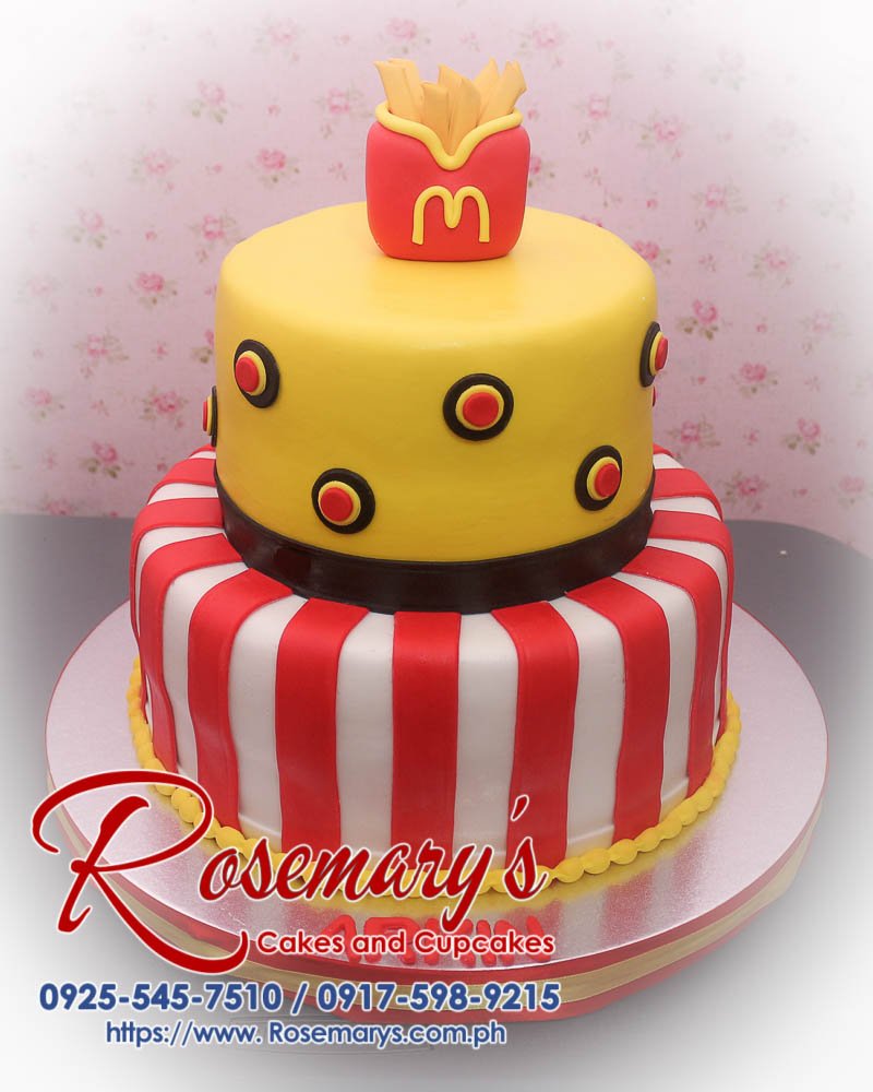 Delicious 2 layer McDonald's themed cake in red and yellow, perfect for any celebration. Order from Rosemary's Cakes, Call 0925-545-7510.