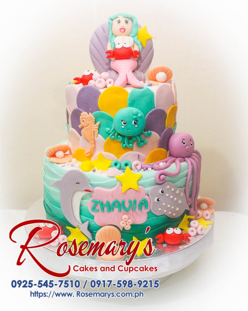 Delicious 2 layer mermaid-themed cake, beautifully designed with under the sea accents. Order from Rosemary's Cakes: 0925-545-7510.