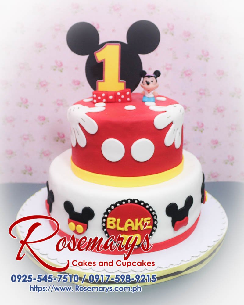 Delicious 2 layer Mickey Mouse themed cake, colorful and fun, by Rosemary's Cakes. Contact: 0925-545-7510.