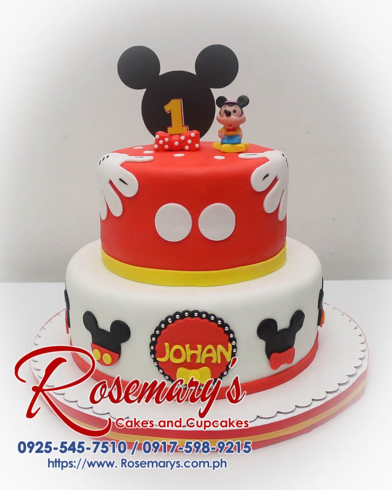 2 Layer Mickey Mouse Cake for Johan Delicious two-tier black and red Mickey Mouse cake. Perfect for celebrations! Order yours from Rosemary's Cakes: 0925-545-7510.