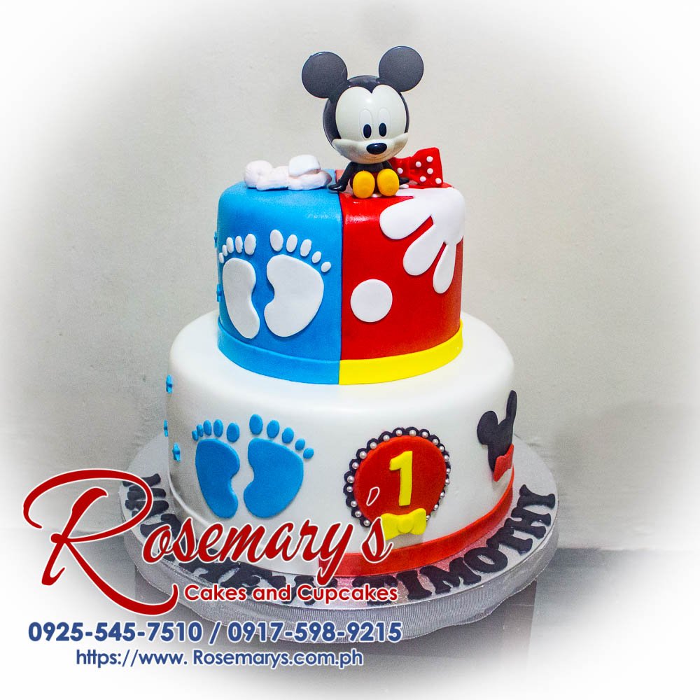 Two-layer Mickey Mouse themed cake with red and black accents. Perfect for any celebration! Order yours from Rosemary's Cakes: 0925-545-7510.