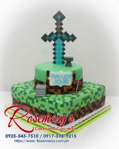 Delicious two-tier Minecraft themed cake with vibrant green frosting. Order your custom cake from Rosemary's Cakes: 0925-545-7510.