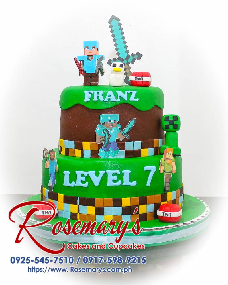 2 layer Minecraft themed cake with brown and green frosting, detailed decor, and delicious layers. Order from Rosemary's Cakes, 0925-545-7510.