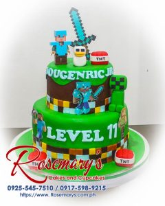 Delicious 2-layer Minecraft-themed cake with vibrant green details. Perfect for birthdays! Order yours from Rosemary's Cakes: 0917-598-9215.