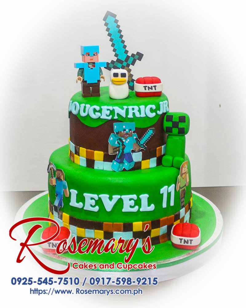 Delicious 2-layer Minecraft-themed cake with vibrant green details. Perfect for birthdays! Order yours from Rosemary's Cakes: 0917-598-9215.