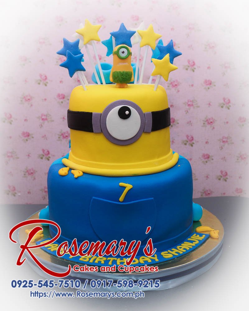 Delicious 2 layer Minions themed cake in blue and yellow from Rosemary's Cakes. Contact 0917-598-9215 for orders!