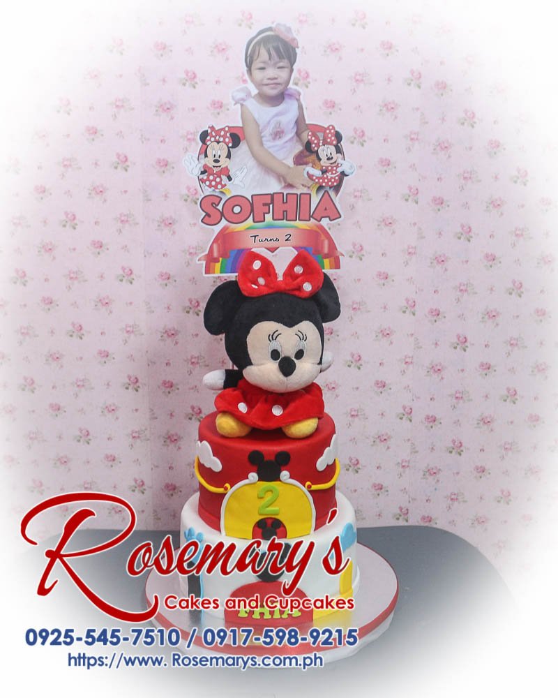Delicious 2 layer Minnie Mouse cake from Rosemary's Cakes, featuring vibrant red details. Contact: 0925-545-7510.