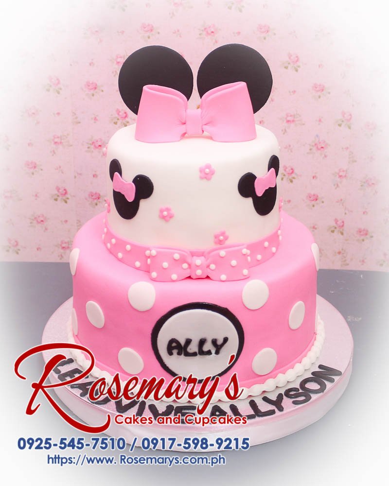 2-layer Minnie Mouse cake in pink and black, adorned with edible decorations, from Rosemary's Cakes. Contact: 0917-598-9215.