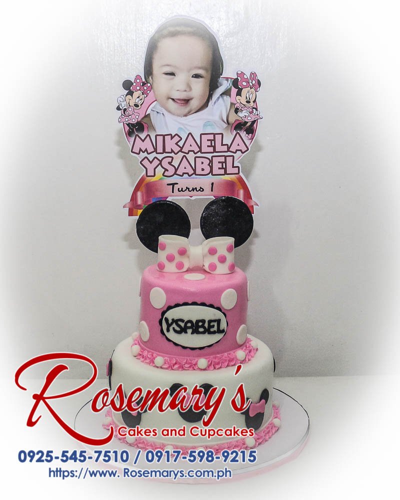 2 Layer Minnie Mouse Cake for Mikaela Ysabel Delicious two-tier Minnie Mouse cake decorated in pink. Perfect for birthdays! Order yours from Rosemary's Cakes: 0925-545-7510.