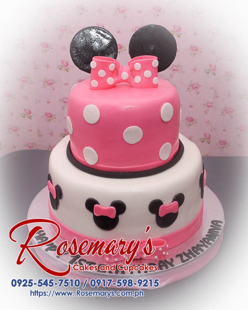 2 Layer Minnie Mouse Cake for Zhayanna Delicious 2-layer Minnie Mouse cake by Rosemary's Cakes, adorned with pink accents and a ribbon. Contact: 0917-598-9215.