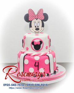 Delicious 2 layer Minnie Mouse themed cake, adorned in pink, from Rosemary's Cakes. Contact: 0925-545-7510.