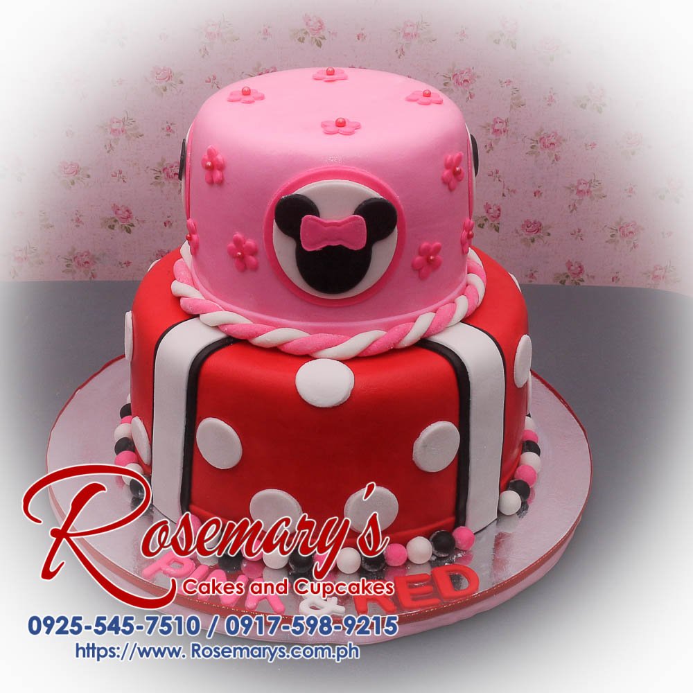 Delicious 2 layer Minnie Mouse themed cake in pink and red from Rosemary's Cakes. Contact: 0917-598-9215.