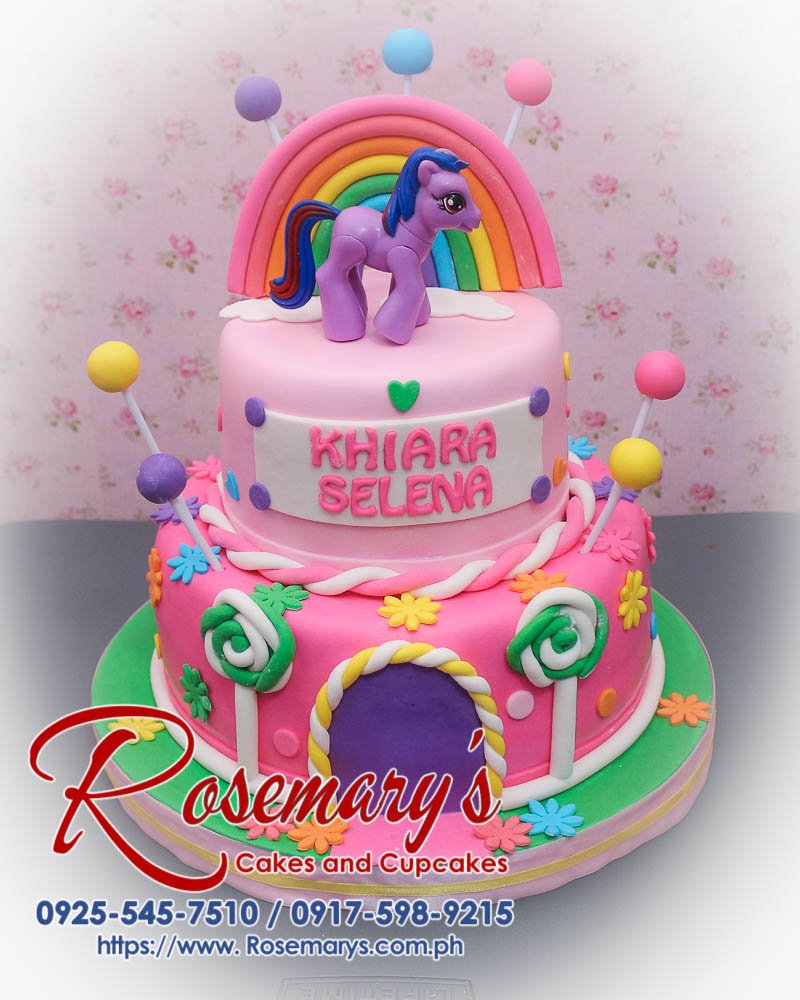 2 Layer My Little Pon-Candyland Cake for Khiara Selena Delicious 2 layer My Little Pony-Candyland themed cake, featuring pink and rainbow colors. Crafted by Rosemary's Cakes. Contact: 0925-545-7510.